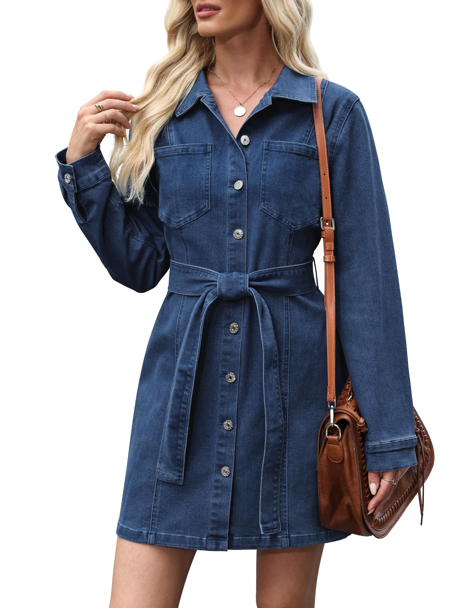 Women's Denim Dress Short Sleeve Jean Dress Button Down Denim Shirt Dresses with Pocket 2026 Western Outfits: Medium Dark Blue-long Sleeve