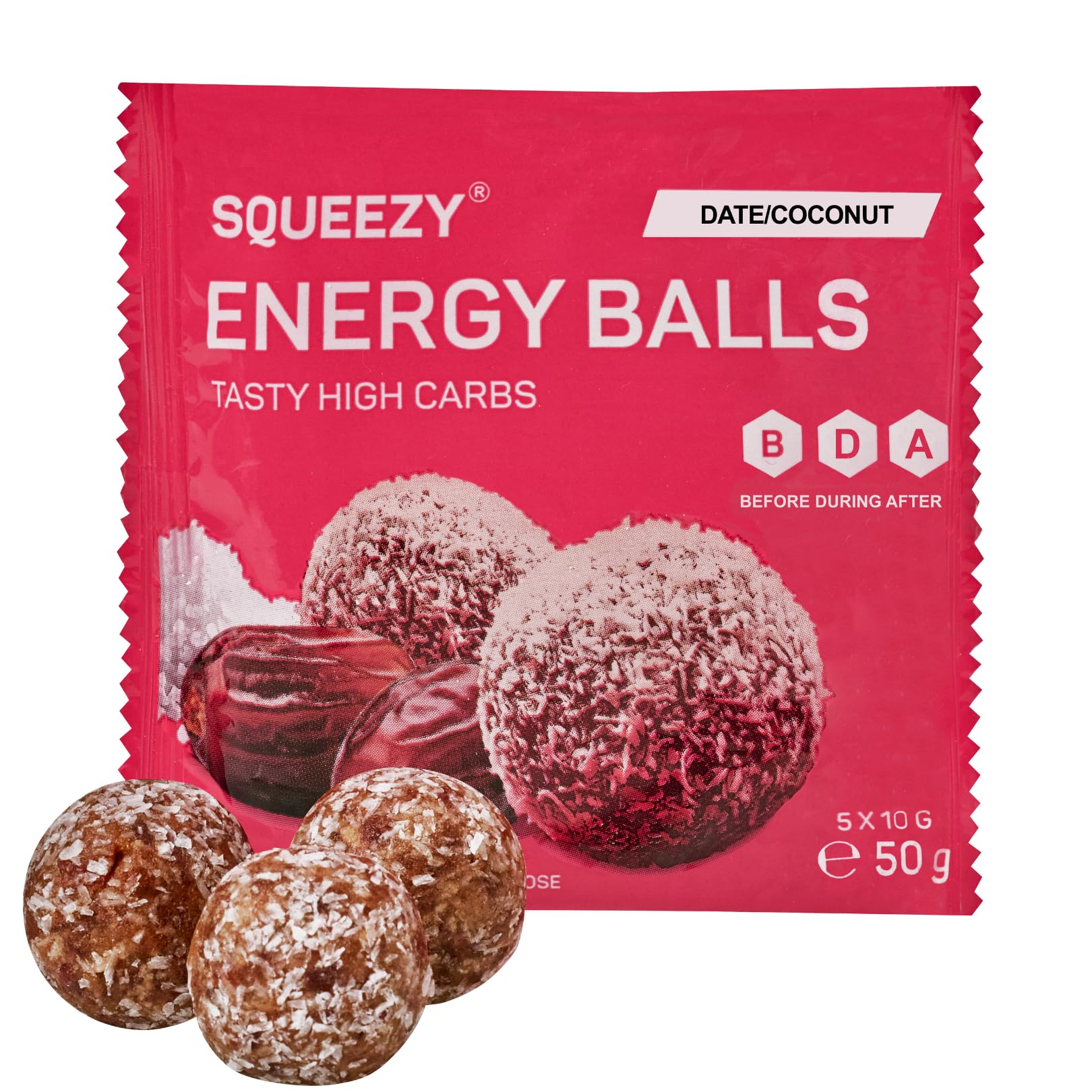 Squeezy Energy Balls (Dattel/Kokosnuss) 10x50g – High-Carb Ausdauersnack mit 71 g Kohlenhydraten | Mit Natrium & Kalium | Fettarm | Kompostierbare Verpackung | Ideal für Sport & unterwegs