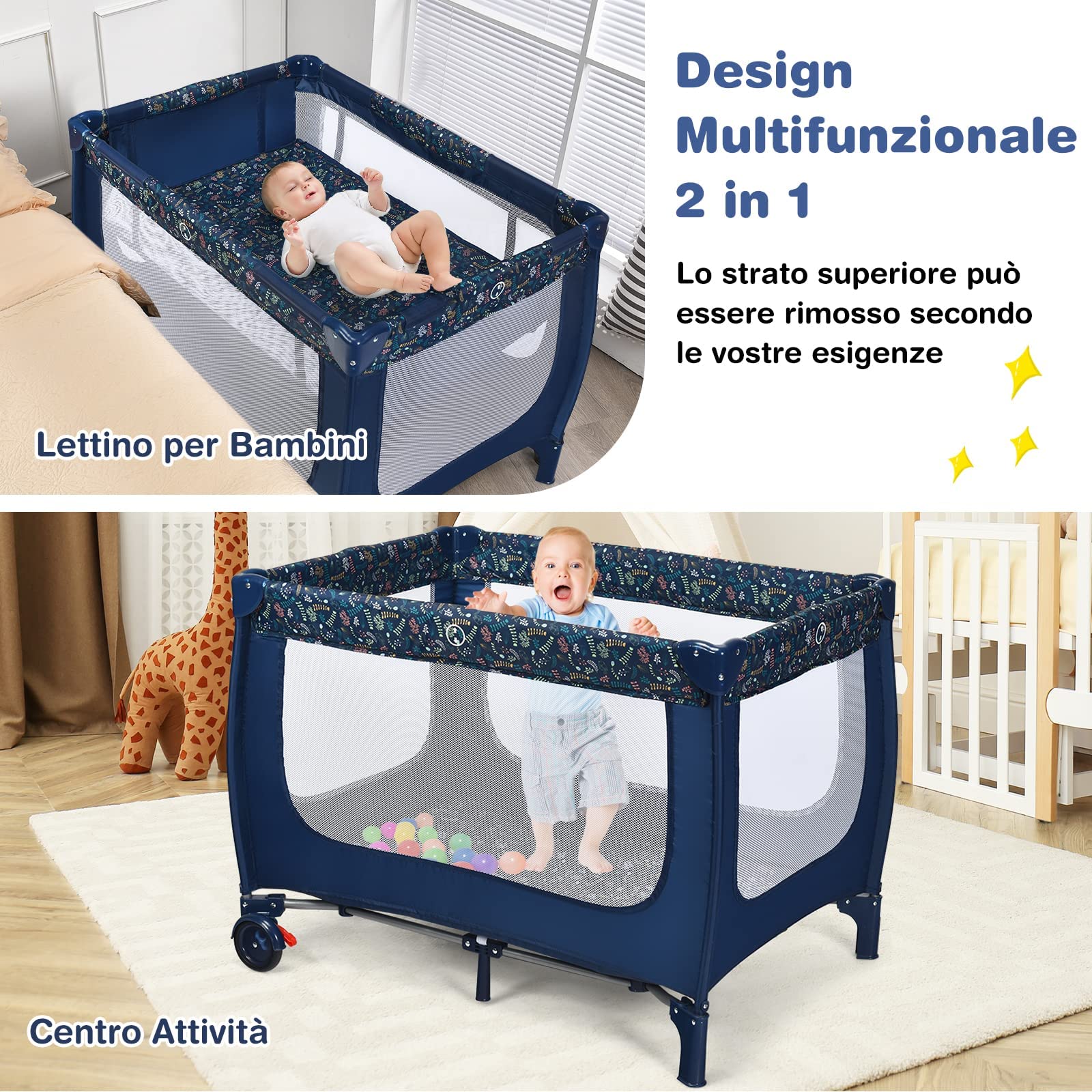 RELAX4LIFE Lettino Neonato con Materasso, Lettino da Campeggio per Bambini, Culla da Viaggio con 2 Ruote con Freno e Borsa, per Bambini 0-36 Mesi (Blu)