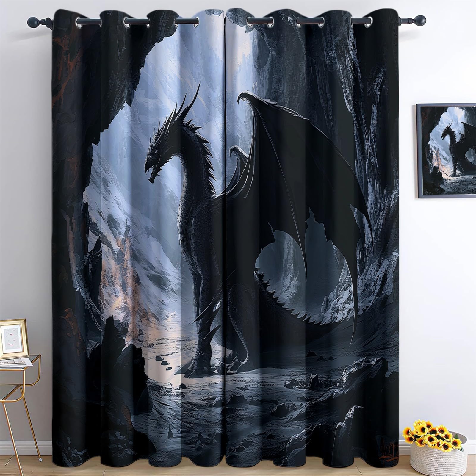 Fantasy Style Black Dragon Blackout Curtains 2 Panels 29.5” W x 65” L Drop Room Darkening Polyester Fabric Eyelet Curtain 3D Thermal Insulated Window Drapes for Living Room