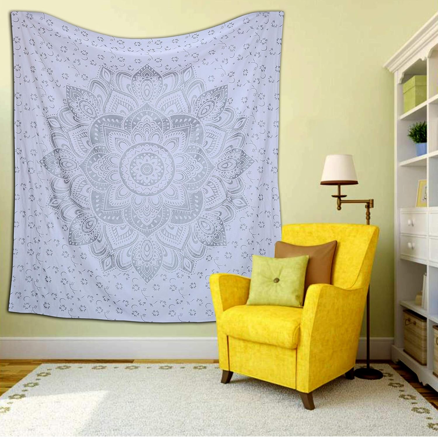 raajsee Glittering Silver Grey Tapestry Wall Hanging Mandala-Bohemian Room Decor-Indian Cotton Throw Hippie Tapestries -Boho Bedding White Golden Queen bedspread 82x92 inches-Meditation Yoga Mat Rugs