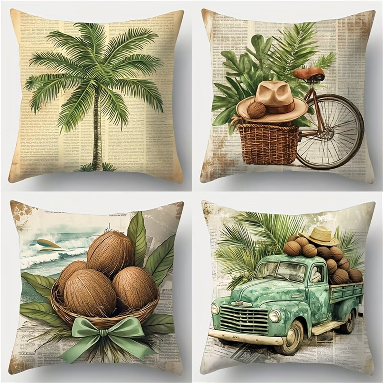 QiHon Tropical Palm Trees Cushion Covers 60x60 cm Set of 4, Decorative Throw Pillow Cases, 24x24 inch Square Linen Pillowcases for Sofa Living Room Bedroo