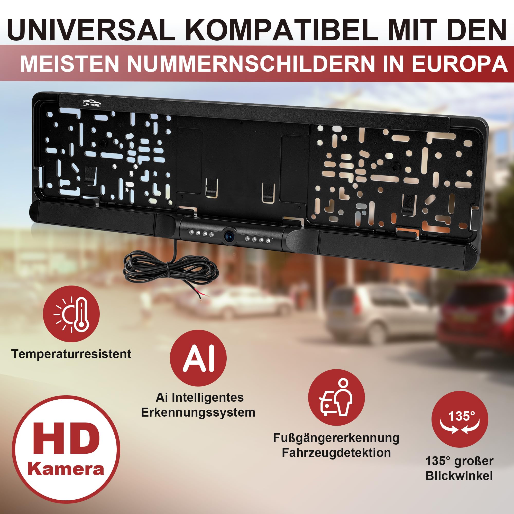 WLAN Funk Rückfahrkamera im Kennzeichenhalter HD Rückfahrsystem App-Steuerung iOS Android KI Erkennung IR Nachtsicht