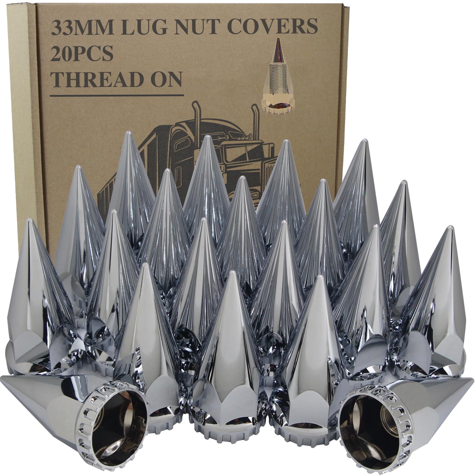 iBroPrat 33mm x 4 3/4" Thread On Spike Lug Nuts Covers,ABS Chrome Plastic Screw On Flanged Lug Nut Cover Spikes for Semi Trucks 20pcs