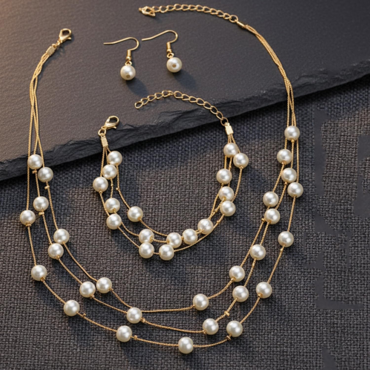 Young & Forever Elegant Pearl Jewelry Set with Multi-Layered Necklace, Bracelet and Drop Earrings, Gold-Toned 2
