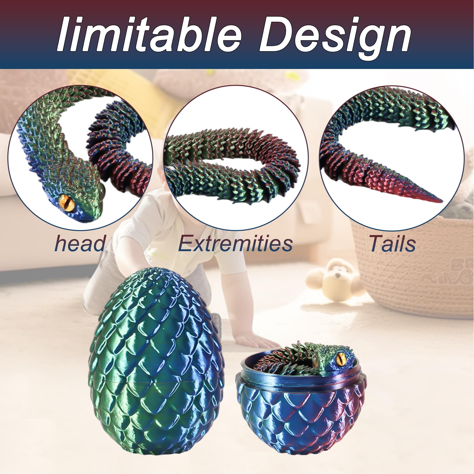 Joycabin 3D Printed Animals, 3D Printed Snake Fidget Toy, Easter 3D Printed Dragon Egg Snake Eggs - Image 3