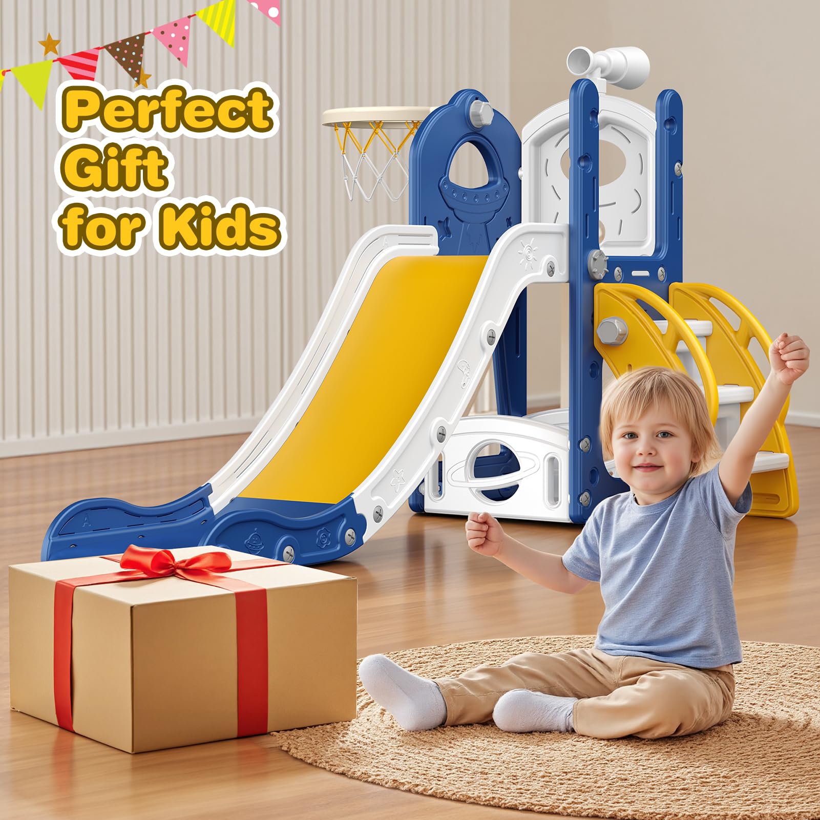Scivolo per Bambini: Grande Scivolo Blu per Bambini in Età 1-3 Anni con Cestino da Basket, Scivolo per Bambini con Spazio di Stoccaggio, Set di Gioco per Bambini con Scala da Arrampicata, Giocattolo
