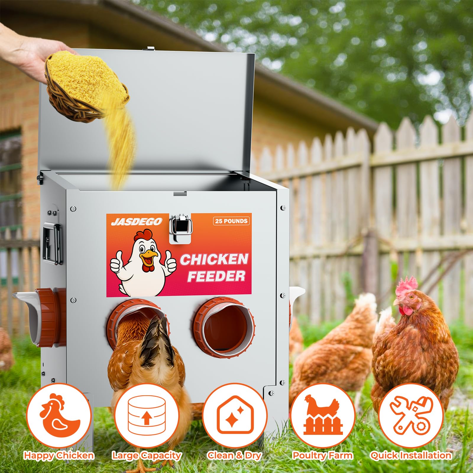 Comedero de metal para pollos, sin residuos, 25 libras, 4 puertos, alimentador automático de aves de corral con pestillo y mango para pollos, bantamas, faisanes, aves de corral, gallinero, a