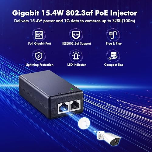Miniatura 2 de MokerLink Inyector Gigabit PoE, 802.3af 15.4W, 101001000Mbps Ethernet, Plug & Play, adaptador no PoE a PoE, distancia de hasta 328.1 ft (328 pies)