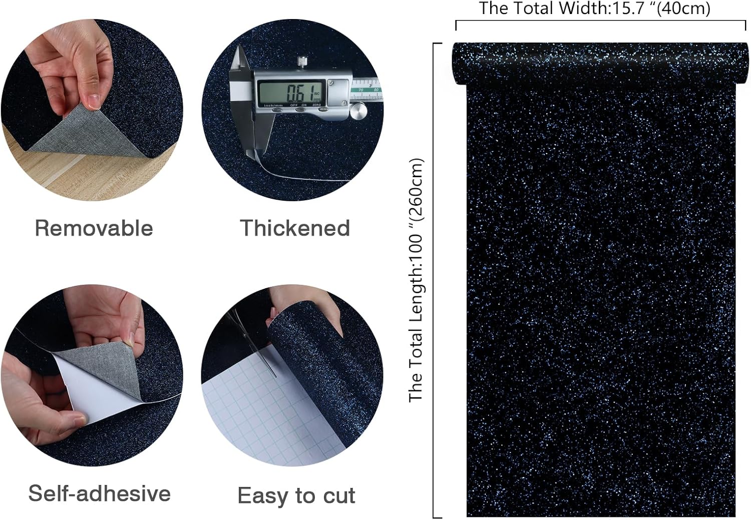 CHIHUT Black Blue Glitter Wallpaper Peel and Stick 15.7''x100'' Sparkle Glitter Contact Paper for Walls Self Adhesive Black Shiny Wallpaper Removable Fabric Wallpaper Decorative for Cabinets Crafts