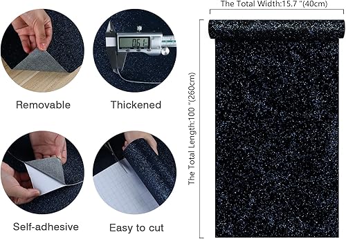 Miniatura 2 de Papel tapiz con purpurina negra y azul de 15.7 x 100 pulgadas, papel de contacto con purpurina brillante para paredes, papel tapiz autoadhesivo