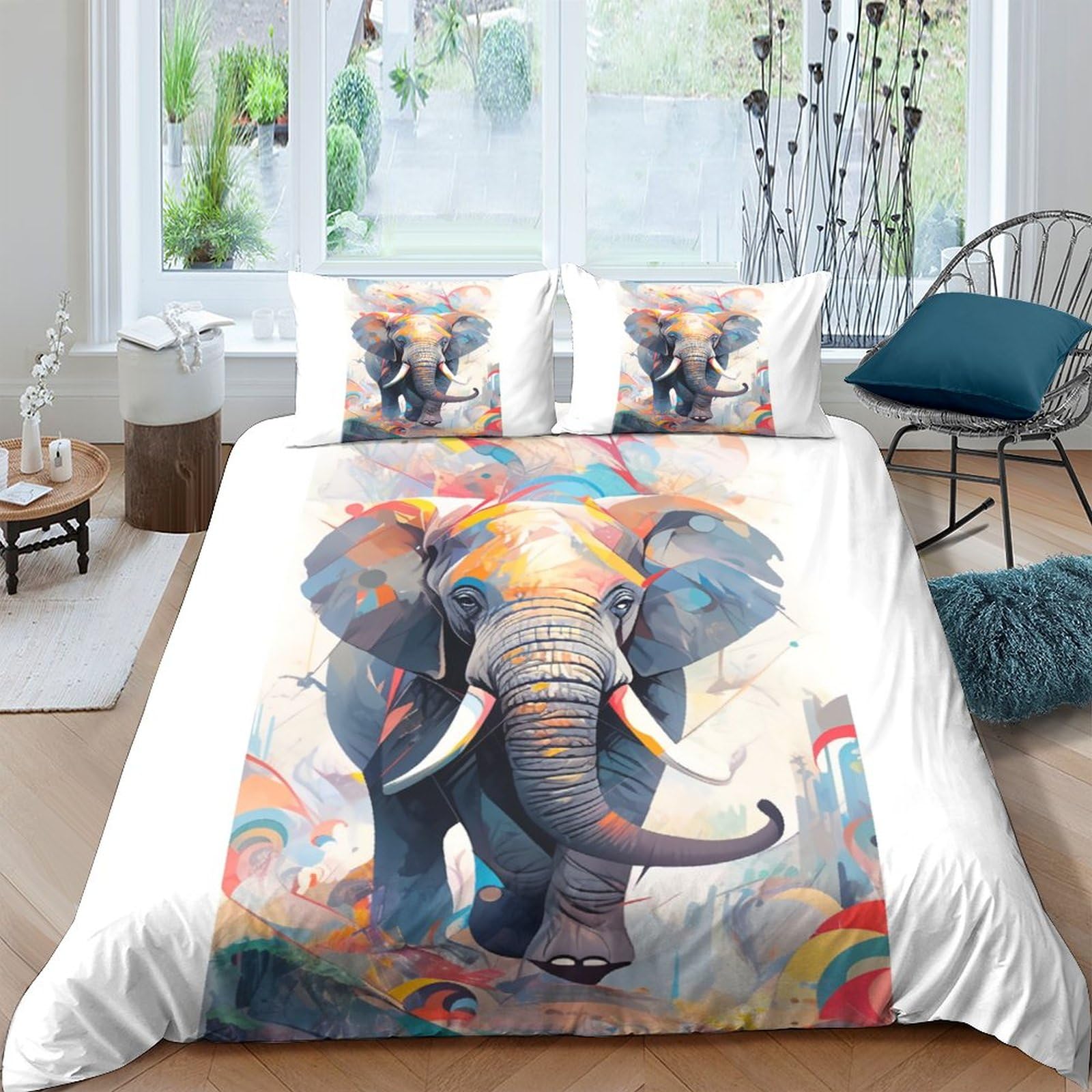 Housse de couette éléphant 200x200cm avec taie d'oreiller pour lit double enfant