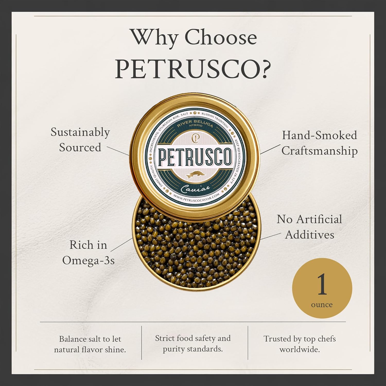 PETRUSCO River Beluga Hybrid - Premium Black Caviar - Fresh Gourmet Sturgeon Fish Roe in a Sealed Metal Tin 30g (1oz) - Rich, Buttery Flavor, Sustainably Sourced and Perfect for Fine Dining