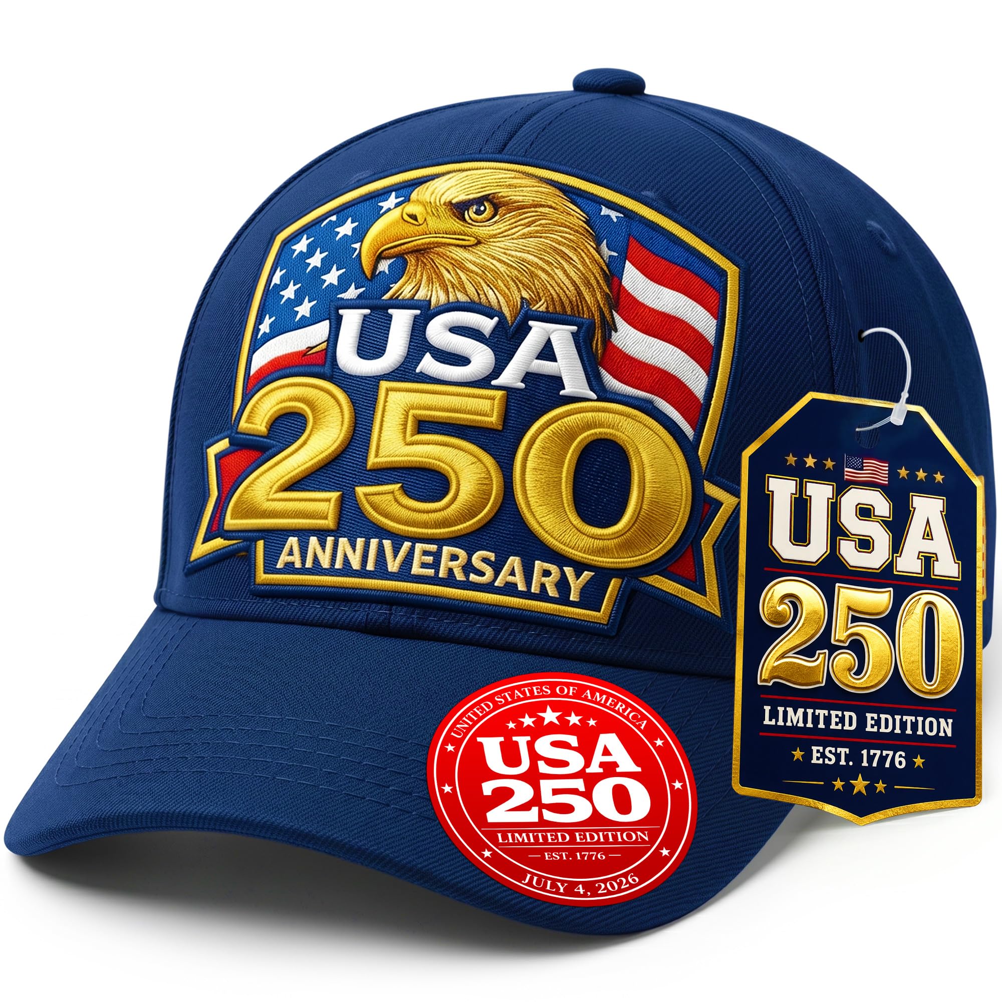 USA 250th Anniversary Hat for Men Women | America 250 Blue Baseball Cap, Embroidered Gold Eagle Patriotic Cap | 6-Panel Cotton Adjustable Baseball Hat, 250 Anniversary USA Tribute