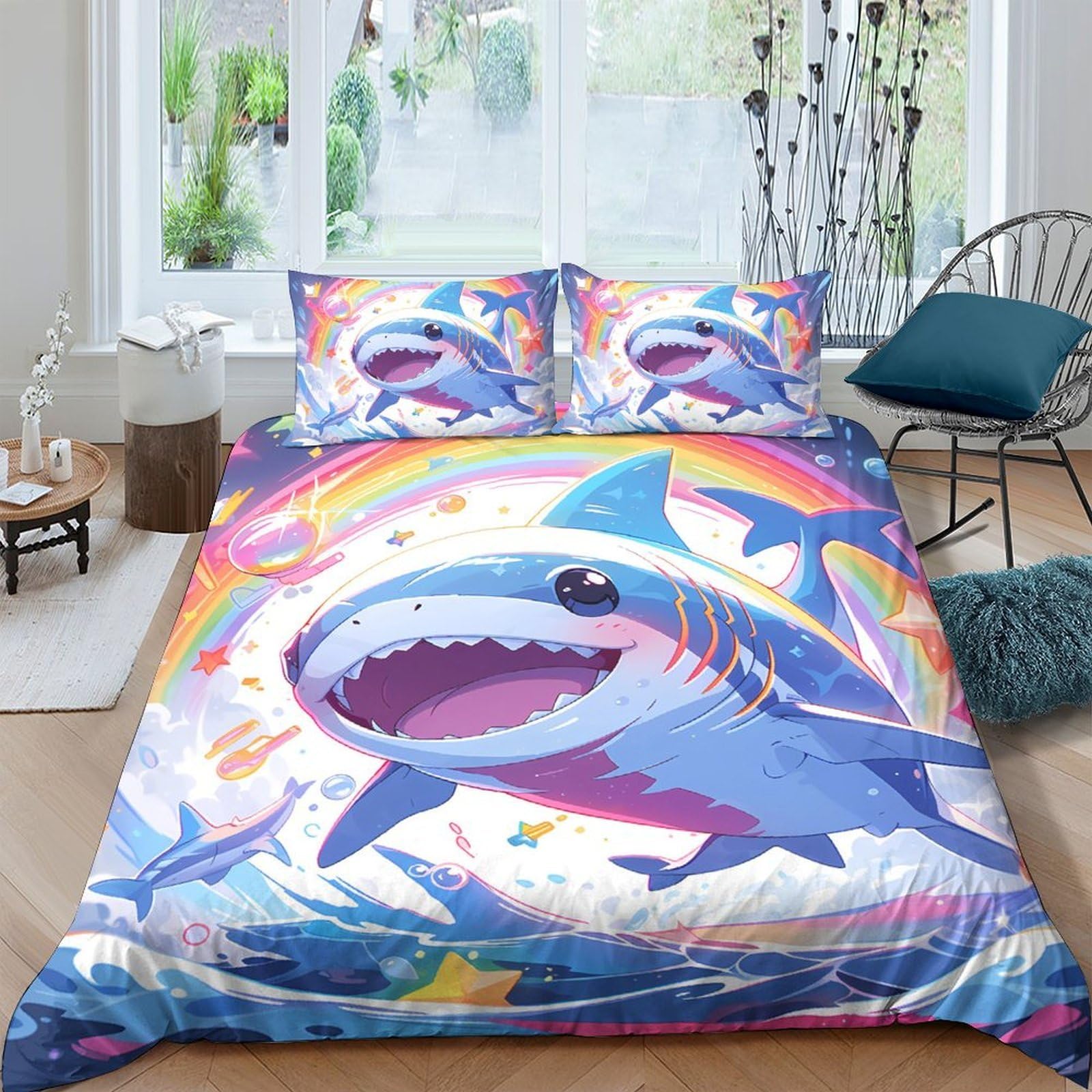 Ctjqhvkz Style-3 3D Printed Rainbow Shark Fitted Sheet Microfiber Soft Bed Cover Colorful Ocean Mattress Cover For Bedroom Decor Single（135X200cm）
