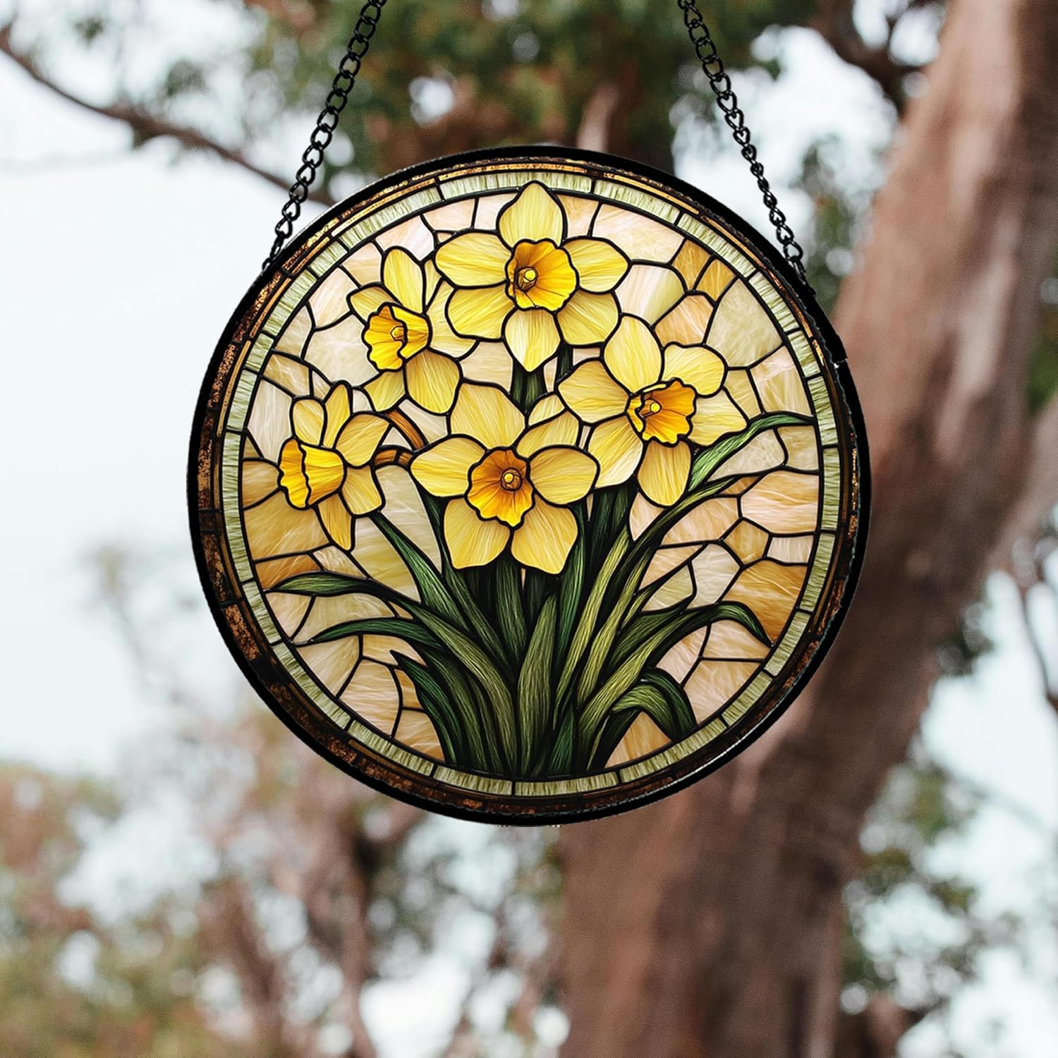 Stained Glass Window Hanging - Yellow Daffodil Birth Flower Sun Catcher for Door Garden Home Decor Suncatcher Christmas Mother's Day Birthday Gifts for Women Men Mom Nana Friend 15 in