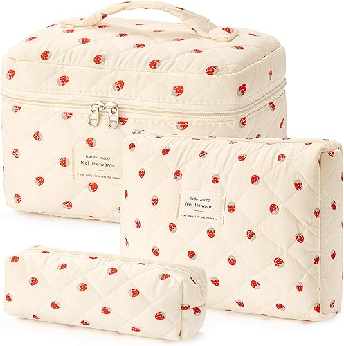 Miniatura 27 de HBselect Bolsa de Maquillaje Acolchada, 3 Piezas de Gran Bolsa de Maquillaje de Viaje de Algodón, Linda Bolsa de Maquillaje Floral Coquette, Bolsa