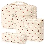 HBselect Quilted Makeup Bag, 3PCS Cotton Large Travel Makeup Bag, Cute Floral Coquette Make up Bag Cosmetic Bag Toiletry Bag for Women Girls