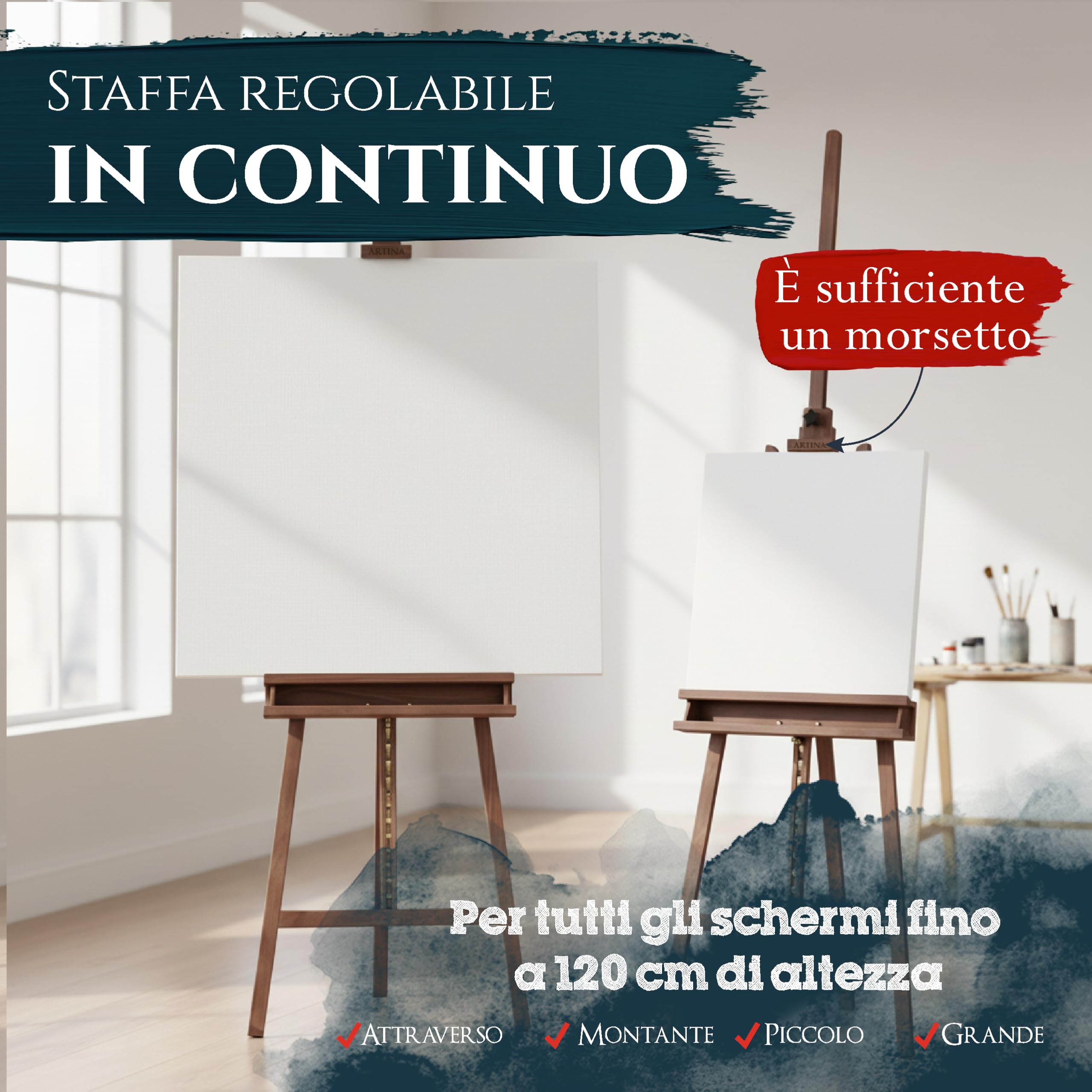 Artina – Kit pittura acrilica 30 pezzi con cavalletto in legno finitura noce Barcelona + tele serie Santorini per tele fino a 120cm, pennelli ecc. – set artistico per principianti e hobbisti