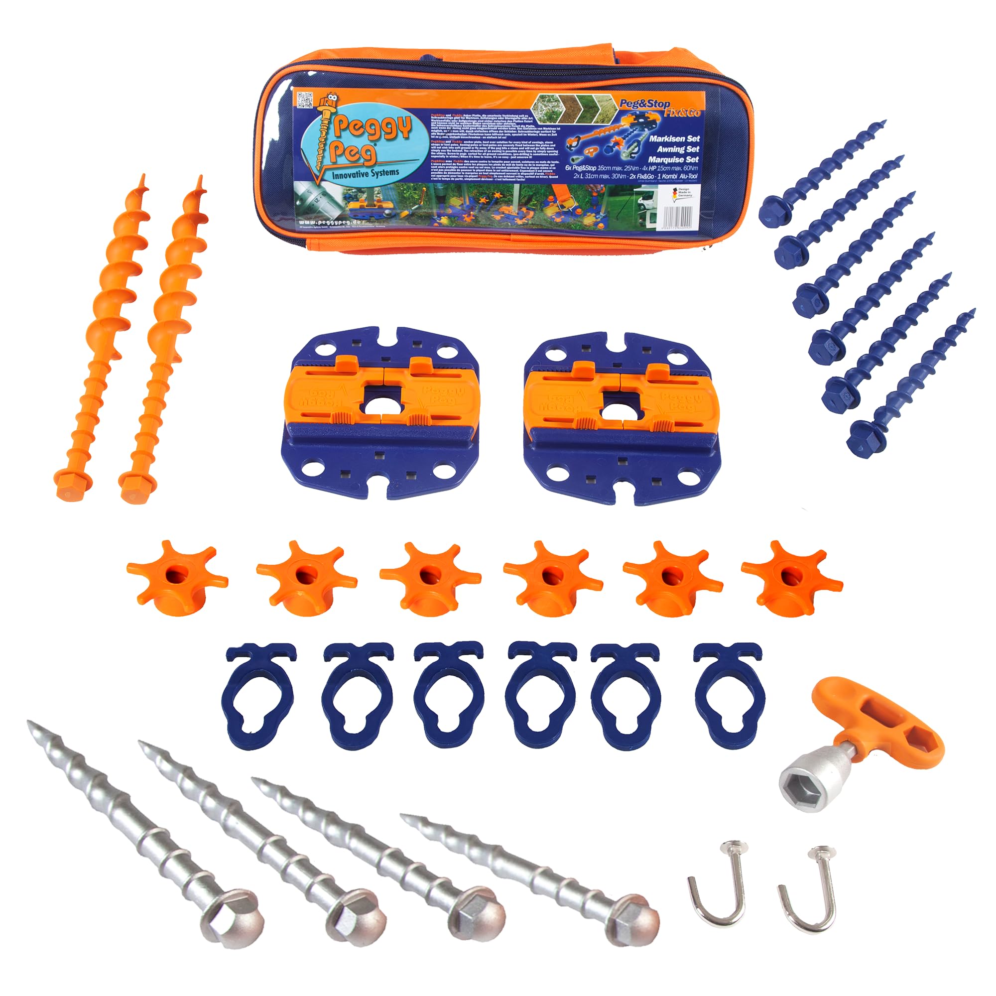 Peggy Peg Markisenbefestigung Set – Fix&Go Ankerplatten 2.0 & Schraubheringe – Bodenhalterung für Markisenfüße & Zeltgestänge