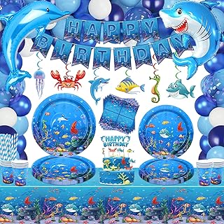 188 Pack Under the Sea Party Supplies Ocean Sea Party Tableware Set - Plates Cups Napkins Tablecloth Banner Balloons Cake Toppers for Underwater World Summer Beach Birthday Party Decorations Serves 20