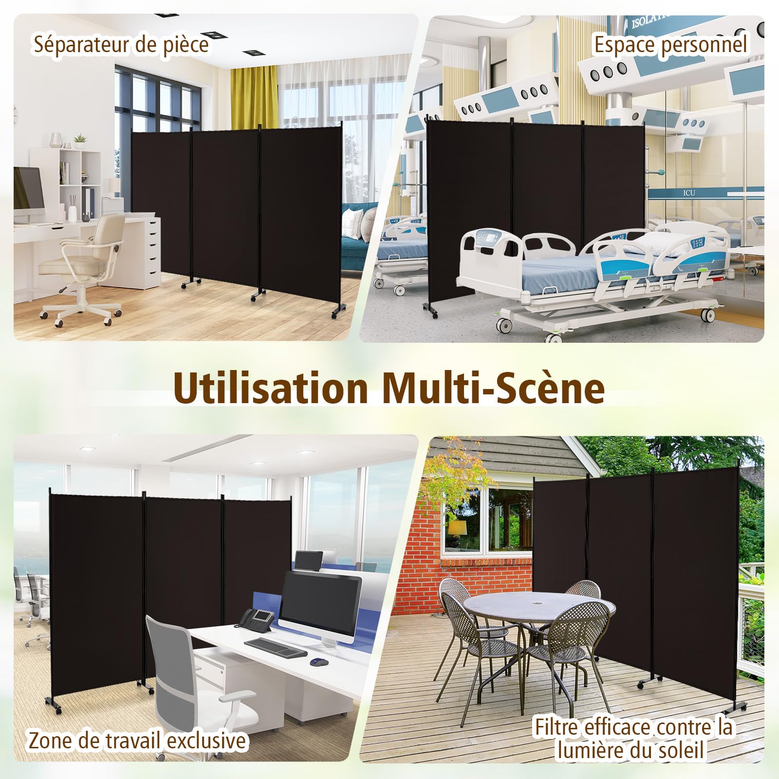 GIANTEX 262 x 180 cm - Paravent de séparation de pièce avec roulettes - en 3 Parties - Autonome - Pliable - Mur Espagnol - en Tissu - Fer - Protection privée pour Chambre à Coucher (Marron)