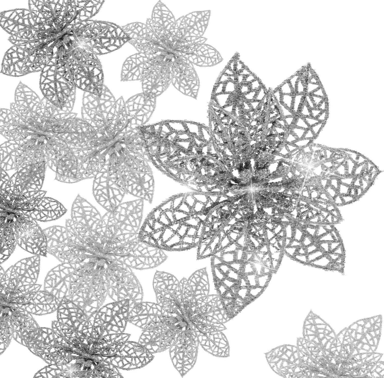 KAHEIGN30Pcs Christmas Glitter Poinsettia, 7.5/10 /15cm Christmas Tree Ornament Christma Flowers Decor Ornament for Wreaths Garland (Silver)