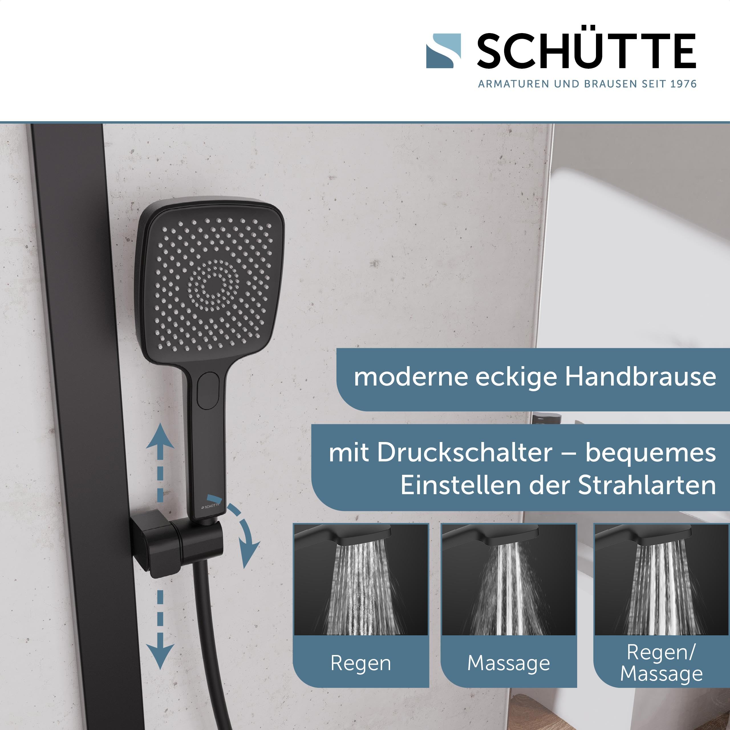 Schütte HAWAII Duschsystem mit Thermostat und Glasablage, Duschset mit 30x20cm Kopfbrause, Regendusche mit Wandhalterung und Duschkopf, Duschpaneel Duschsäule, Schwarz