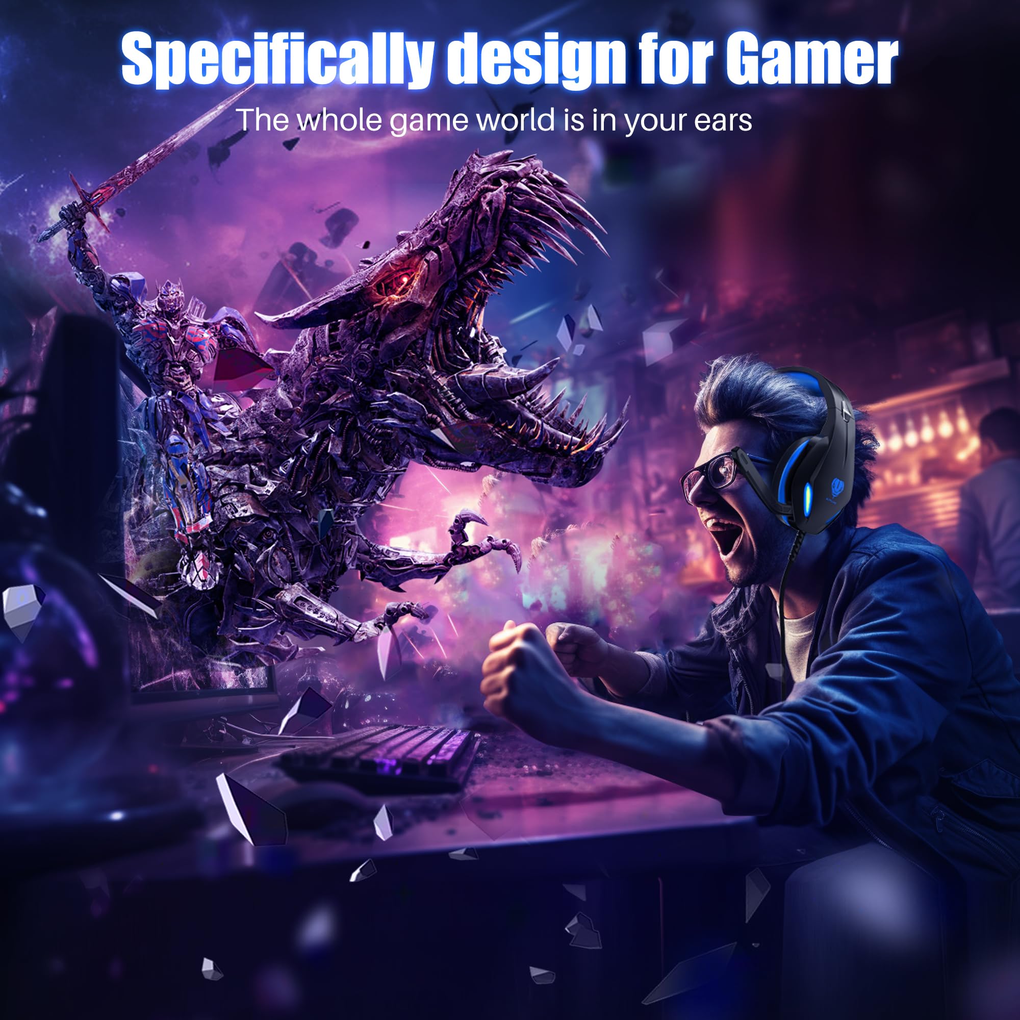Casque Gaming avec Micro pour PS4 / PS5 / PC/Xbox One - Casque Gamer Audio Filaire Stéréo Surround avec Câble et LED - Ecouteurs Filaire à Réduction de Bruit