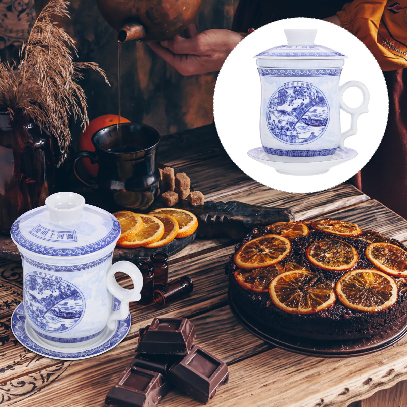 LABRIMP 1ensemble Tasse à Thé Céramique Chinoise Avec Infuseur Et Couvercle Design Rétro Pour Bureau Et Réunions Familiales Pratique Et Décoratif
