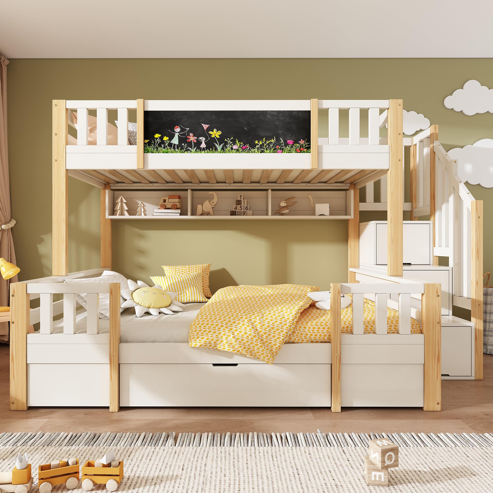 Hochbett Etagenbett 2 Kinder 90x200cm+140x200cm, Kinderbett mit Rausfallschutz, Tafel und Stauraumtreppe, unteres Bett mit Schublade und dreigeteilter offener Stauraum (B-Weiß+Natur)