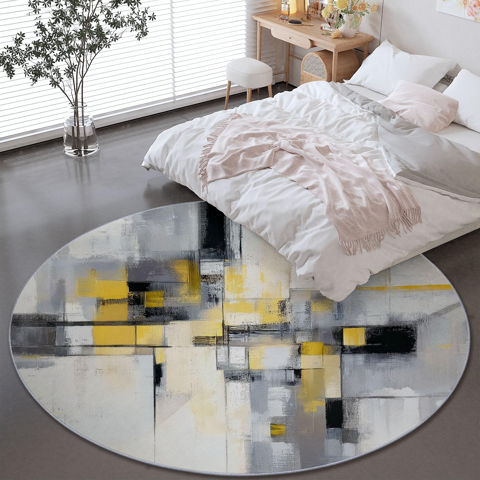 Runder Teppich 150 cm (Round) für drinnen und draußen Minimalistisches abstraktes Senfgelb rutschfest, fusselfrei, Teppich für Küche, Veranda, Foyer Senfgelb Grau