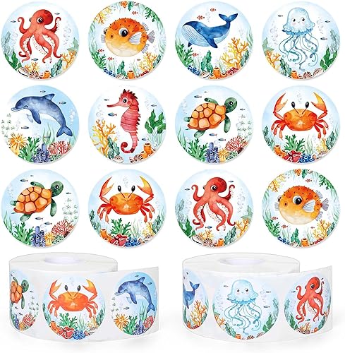 Whaline 1000 calcomanías de verano de animales del océano, rollo de acuarela, vida marina, impermeable, 8 diseños, lindas calcomanías redondas