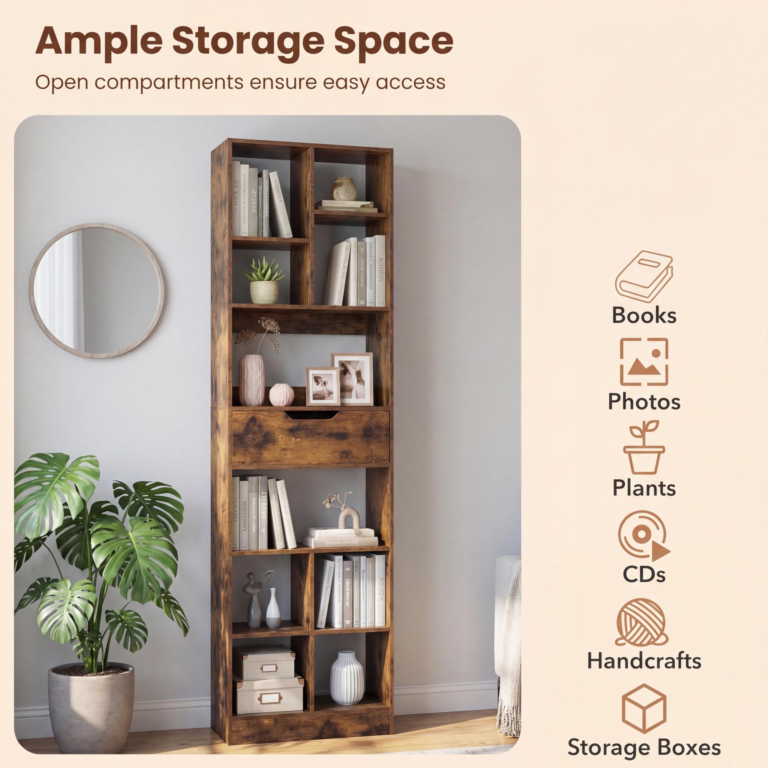 GIANTEX Bibliotheque Style Industriel Design, Etagere Bibliotheque à 10 Compartiments Ouverts et 1 Tiroir, Meuble de Rangement Géométrique pour Chambre Salon Bureau, 50 x 24 x 180 cm