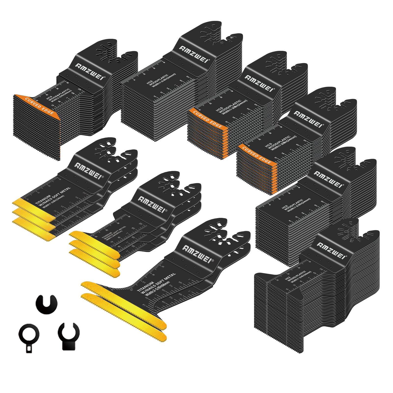 AMZWEI 118PCS Oscillating Tool Blades Metal Wood Cutting, Professional Curved Edge Oscillating Saw Blades with Titanium Multitool Blades, Compatible