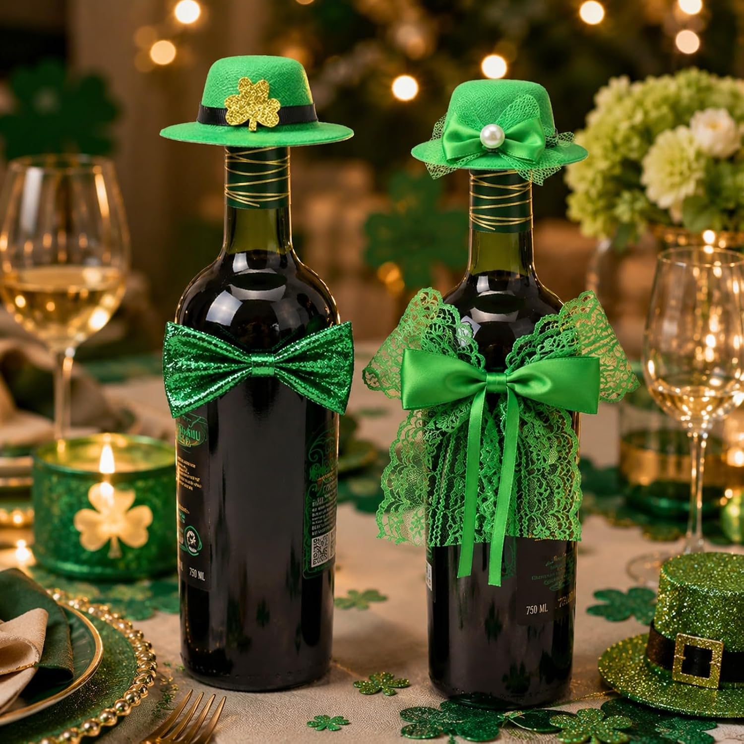 LUOZZY 6 Pcs St. Patricks Day Wine Bottle Cover Mini Leprechaun with Shamrock Green Mini Top Hat Bow-knot Glitter Holiday Table Decor for St Patricks Day Party Favors