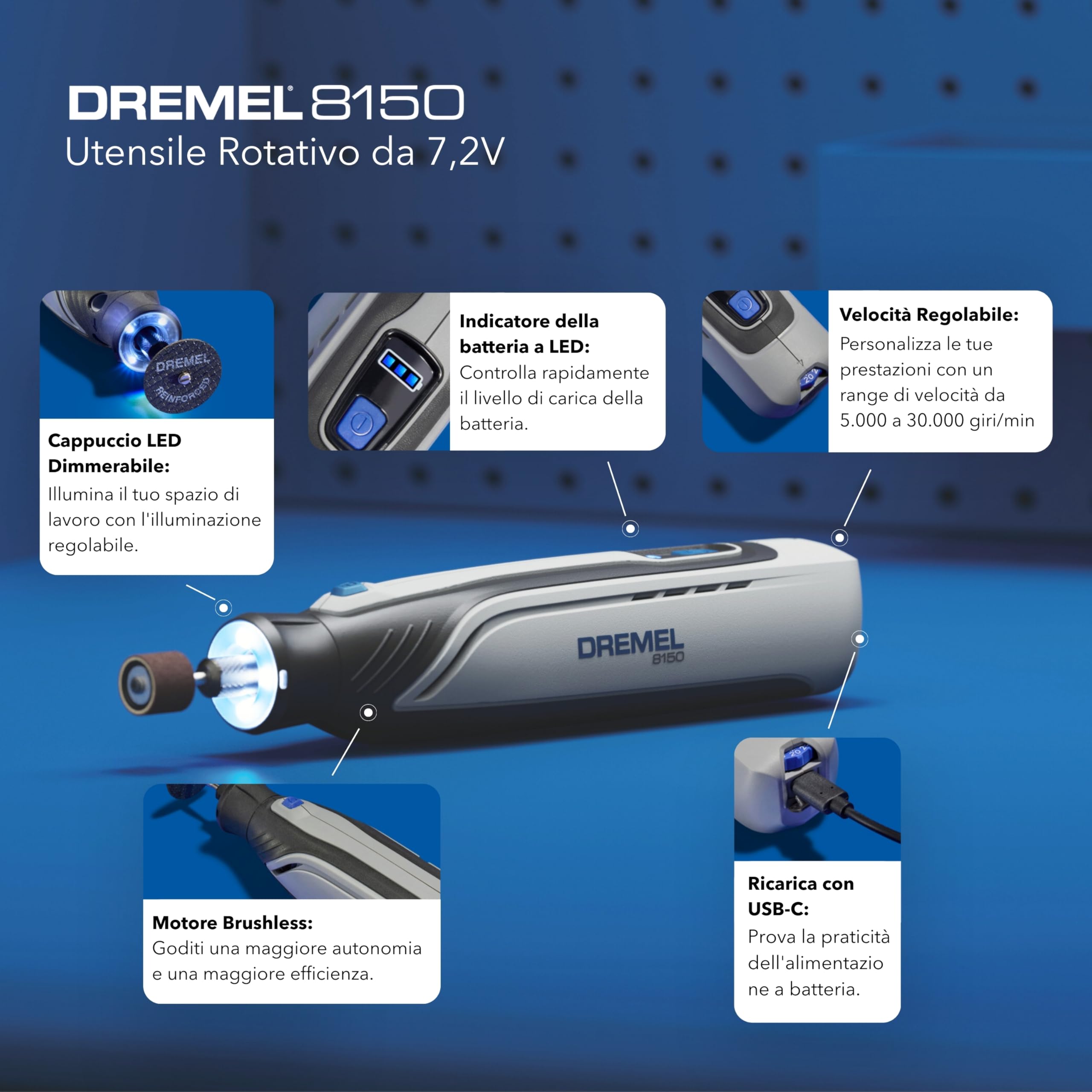 Dremel 8150 Kit utensile rotativo brushless a batteria ricaricabile tramite USB-C da 7,2 V 2Ah, 20 accessori, velocità variabile da 5.000 a 30.000 giri/min, taglio, levigatura, intaglio, smerigliatura