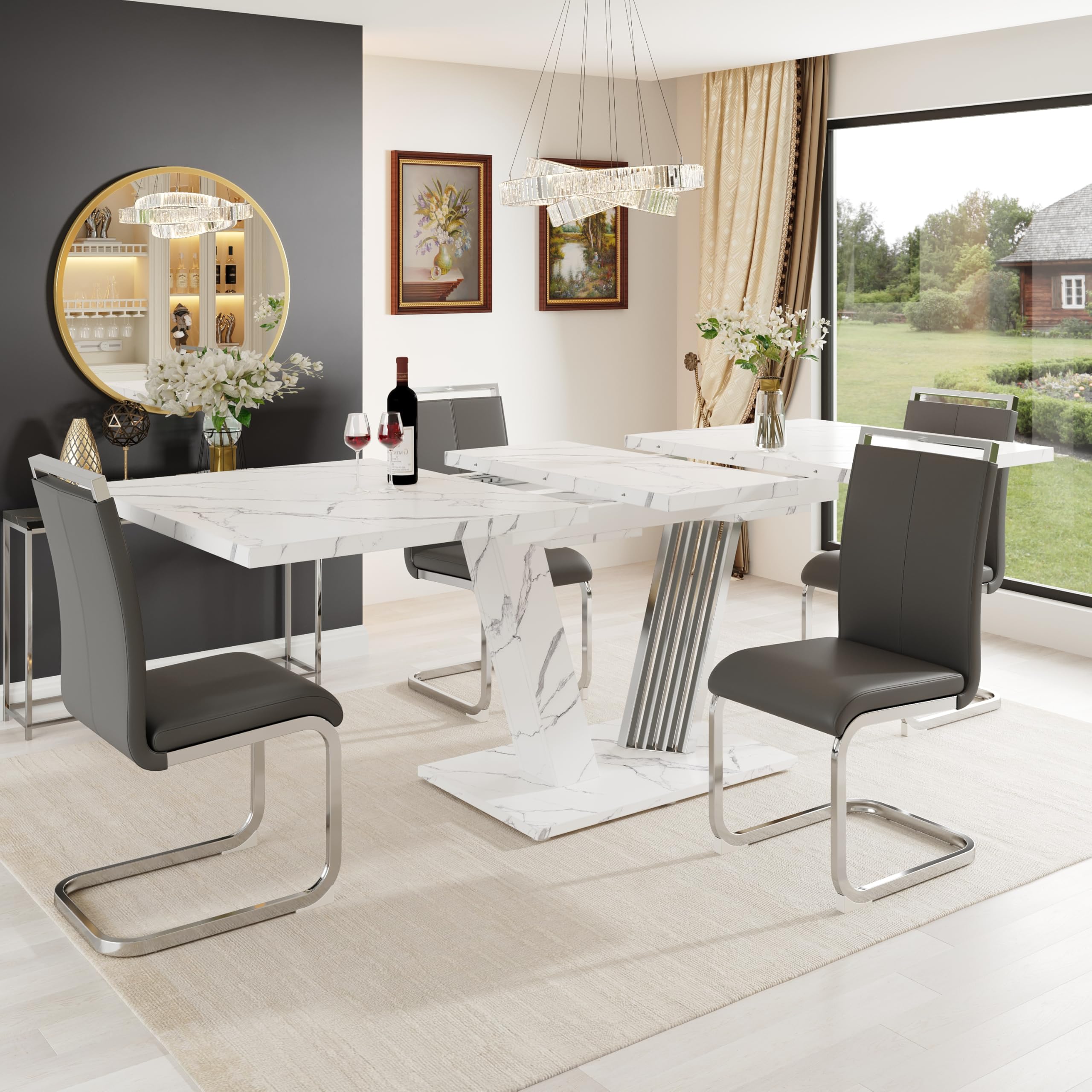 REXO Mesa extensible con tapa de mármol, 120-160 x 80 x 76 cm, mesa de cocina con hoja extensible, estructura de mariposa, para cocina y salón, color blanco