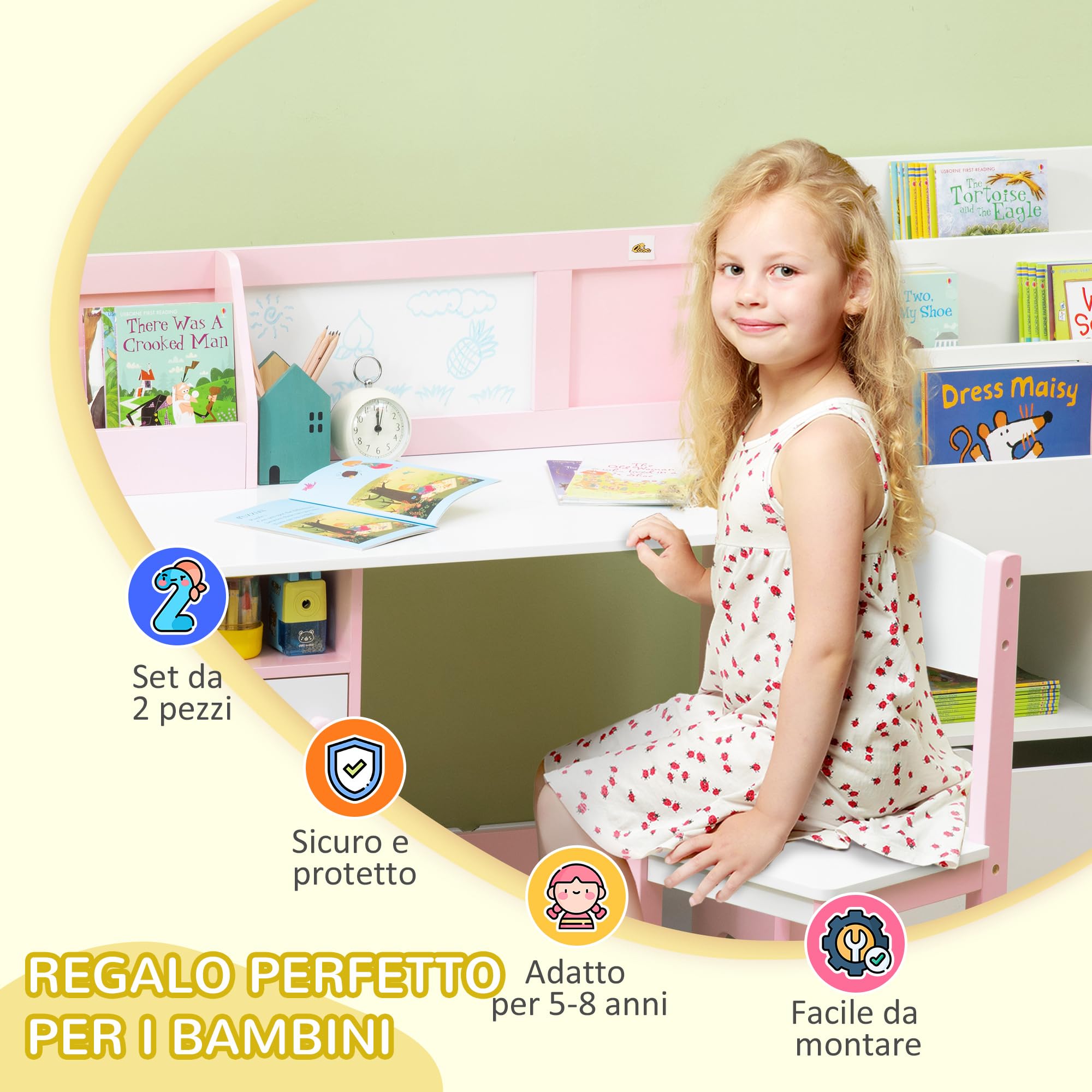 HOMCOM Set Tavolo e Sedie per Bambini 5-8 Anni in Legno con Banco Scuola, Set di Mobili per Bambini con Spazio Portaoggetti e Lavagna Bianca e Sedia, Bianco e Rosa