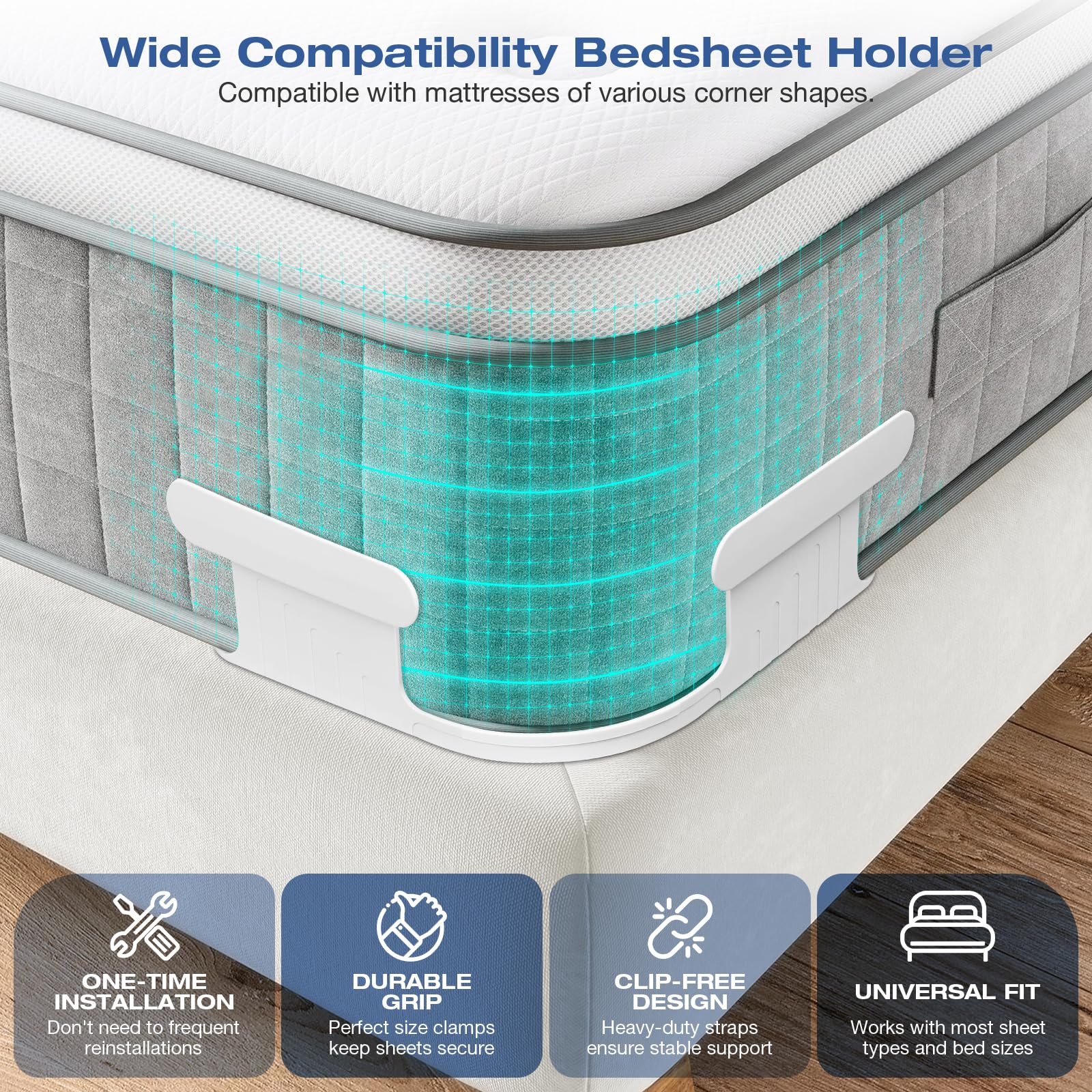 EDCREATY Bed Sheet Holder with Lock Straps, Heavy Duty Corner Fitted Bedsheet Fasteners with Strips for Most Size Mattress, No More Loose Sheets, Keep Sheets Firm and Tight, Easy Installation(Clear)