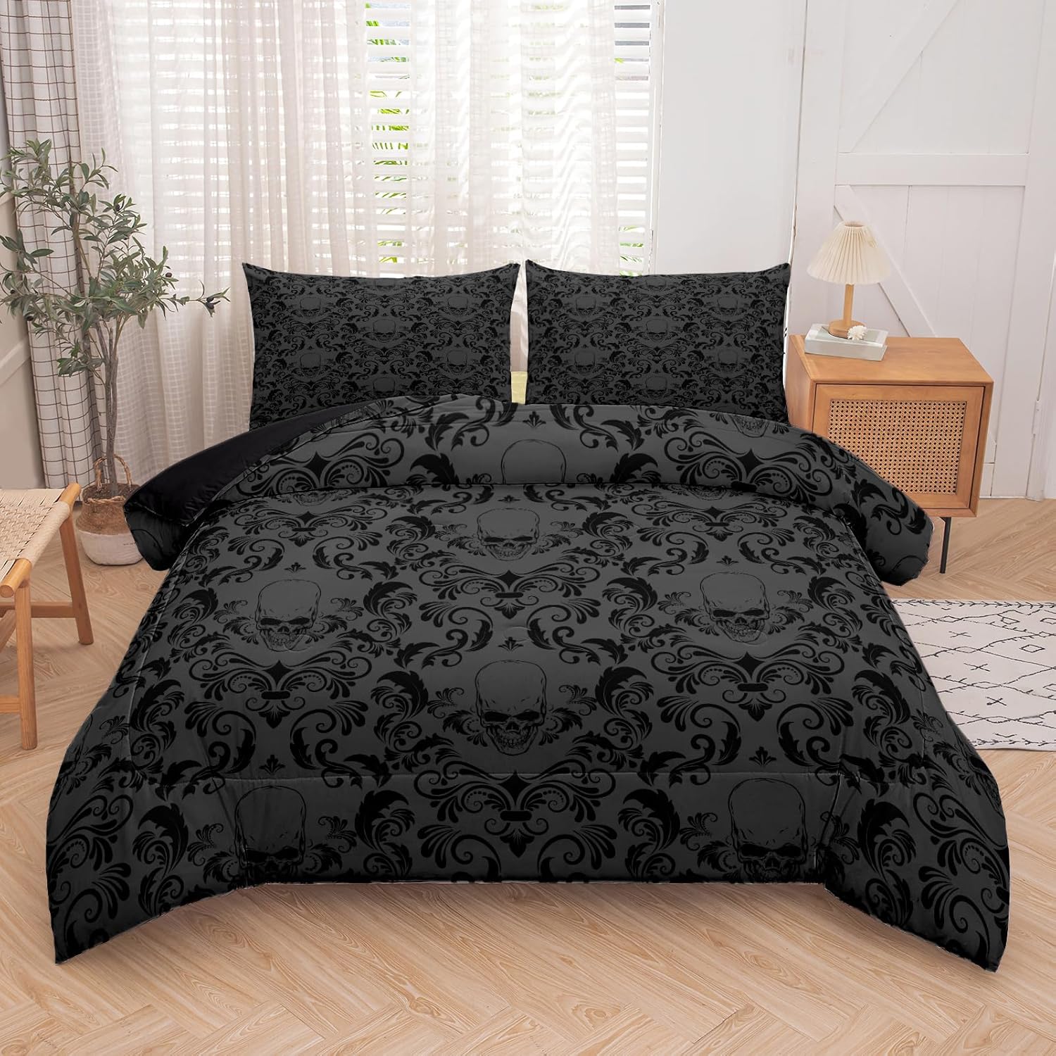 Gothic Bedding Set for Adults,Twin Size Skull Comforter Sets for Boys,Skull Printed Bedding Set with Quilt and Pillowcase(Gothic Twin)
