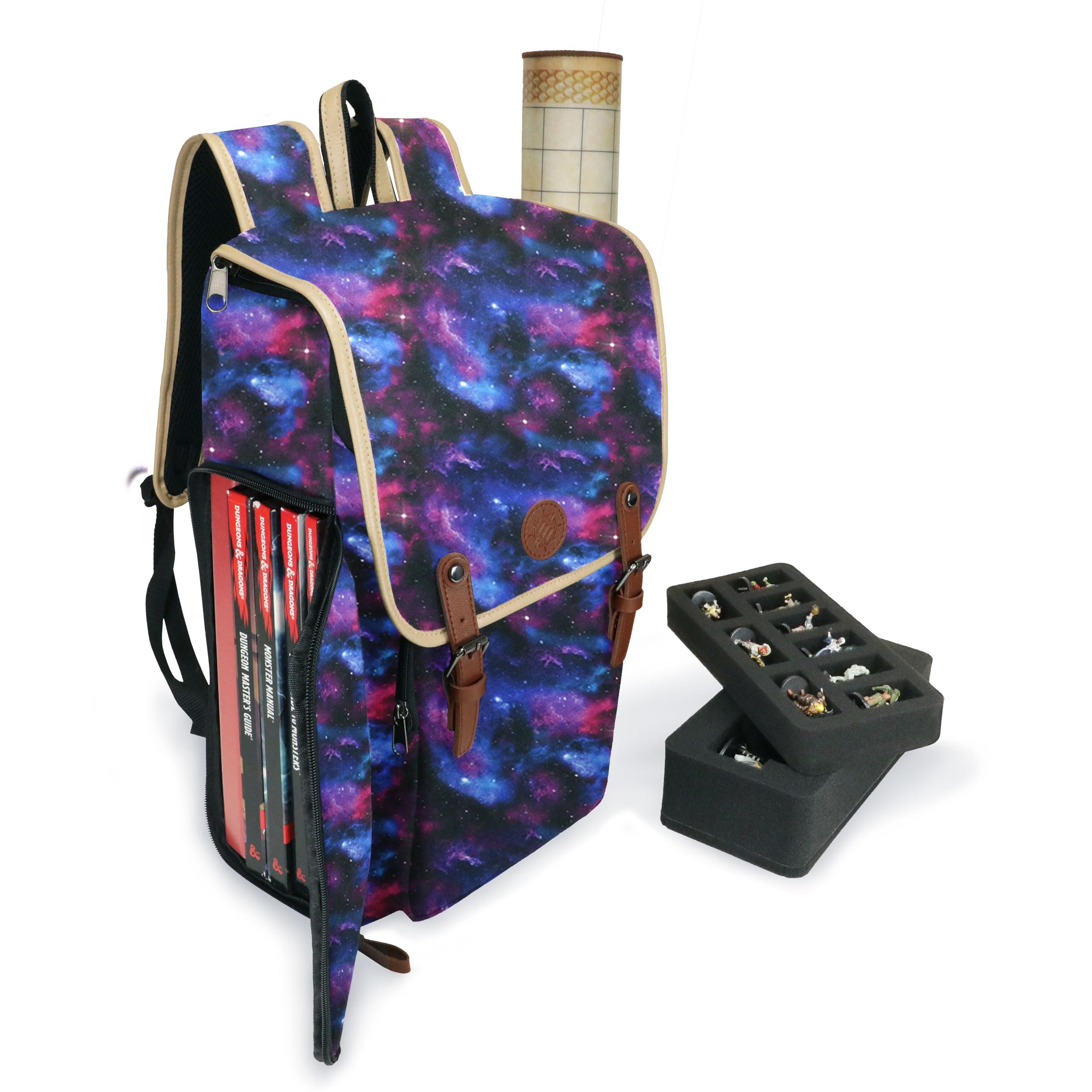 ENHANCE Designer Edizione DnD Zaino - Elegante Zaino per Giochi di Ruolo Dungeons and Dragons - Borsa da Viaggio DnD per 4 Libri e Racoglitore con Contenitore per Miniature, Comode Tracolle (Galassia)