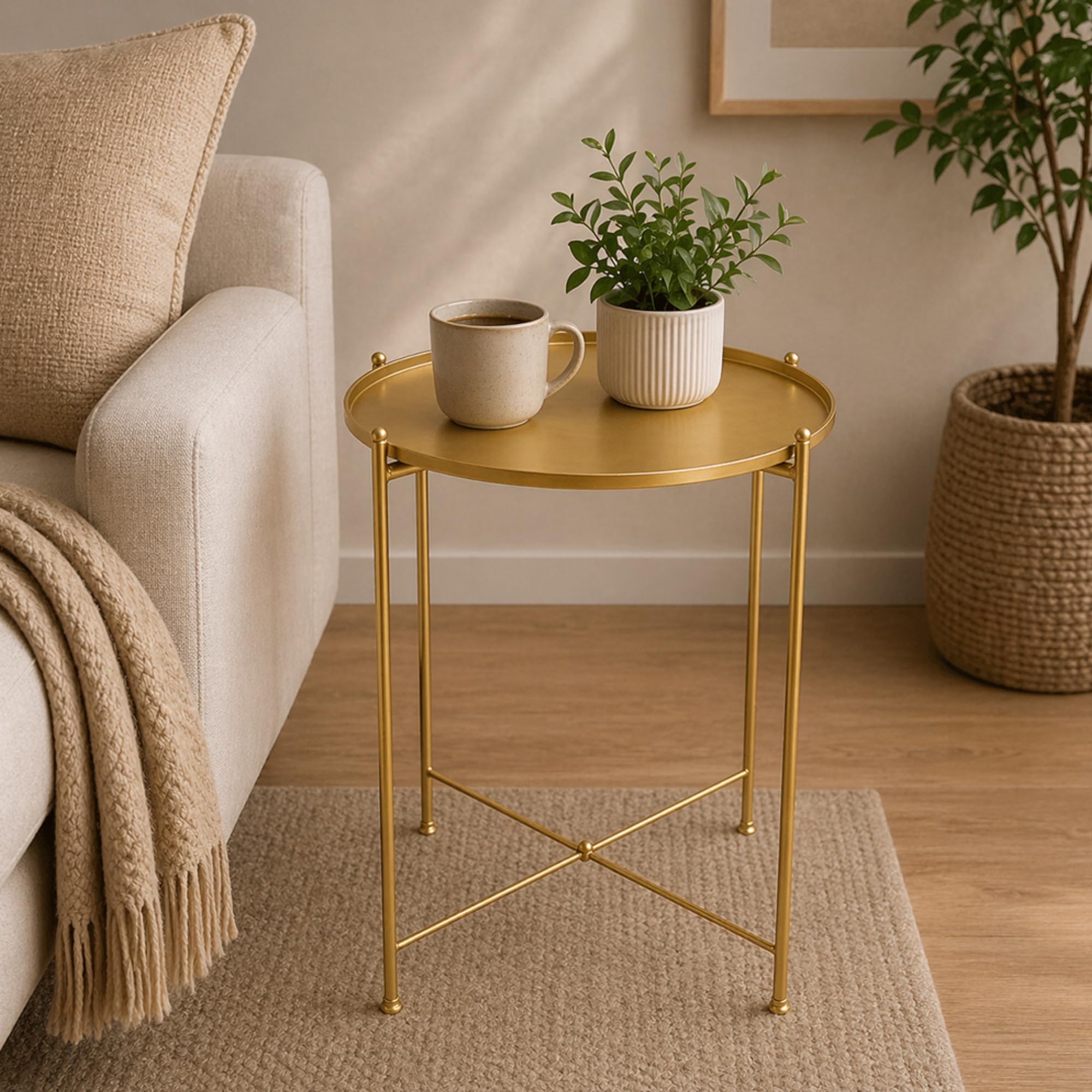 Metal Side Table for Living Room | Foldable Base End Table, Coffee Table, Bedside Table & Tray Table | Round Metal Accent Table with Removable Top (No Assembly Required) | Gold-image-0