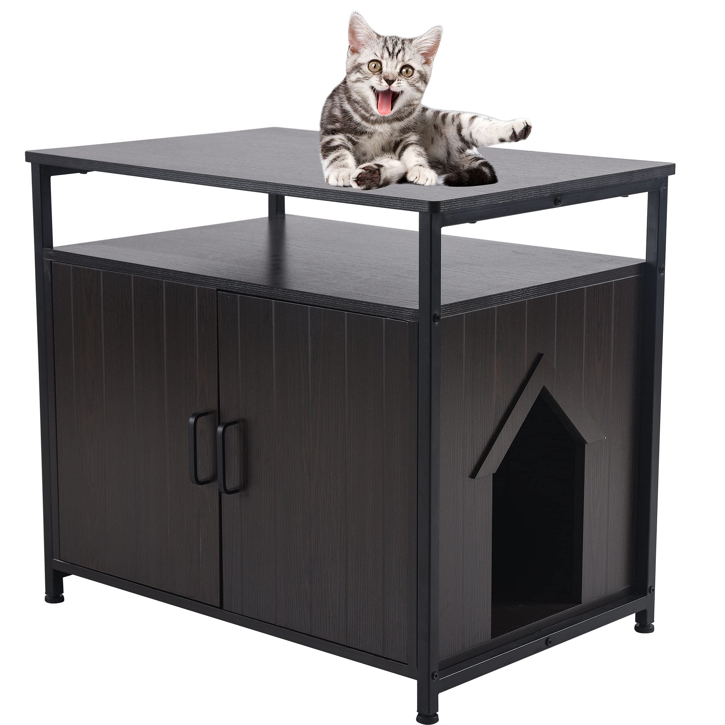 SUNGIFT Litter Box Enclosure, Cat Litter Box Furniture Hidden, Wooden Pet Crate Indoor Cat House, Side Table Hidden Cat Washroom Litter Tray with Door, Hideaway Storage Cabinet Black Walnut
