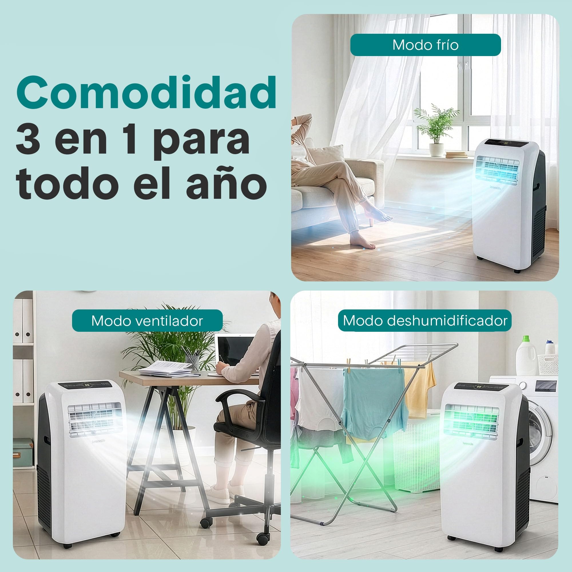 SereneLife Aire Acondicionado Portátil, 12.000 BTU, Móvil, Silencioso, Deshumidificador, Ventilador, Kit Escape Ventana, Mando a Distancia, Ideal para Casa y Oficina