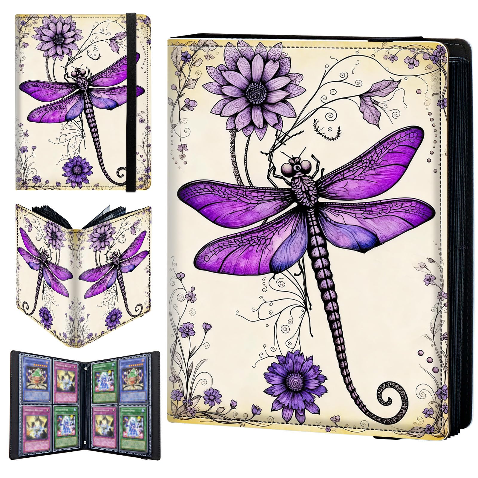 4 Pocket Trading Card Binder 320 Side Loading Pocket Album with Purple Flowers Dragonfly Pattern Design Card Binder for Sports Cards & Game Cards