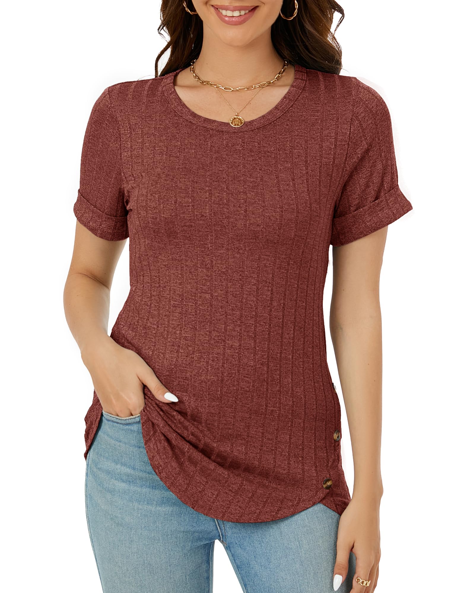 BellaDila Mujeres Verano Casual Cuello Redondo Camisetas Manga Corta Botones Chic Túnica Blusa Top para Mujer 2024