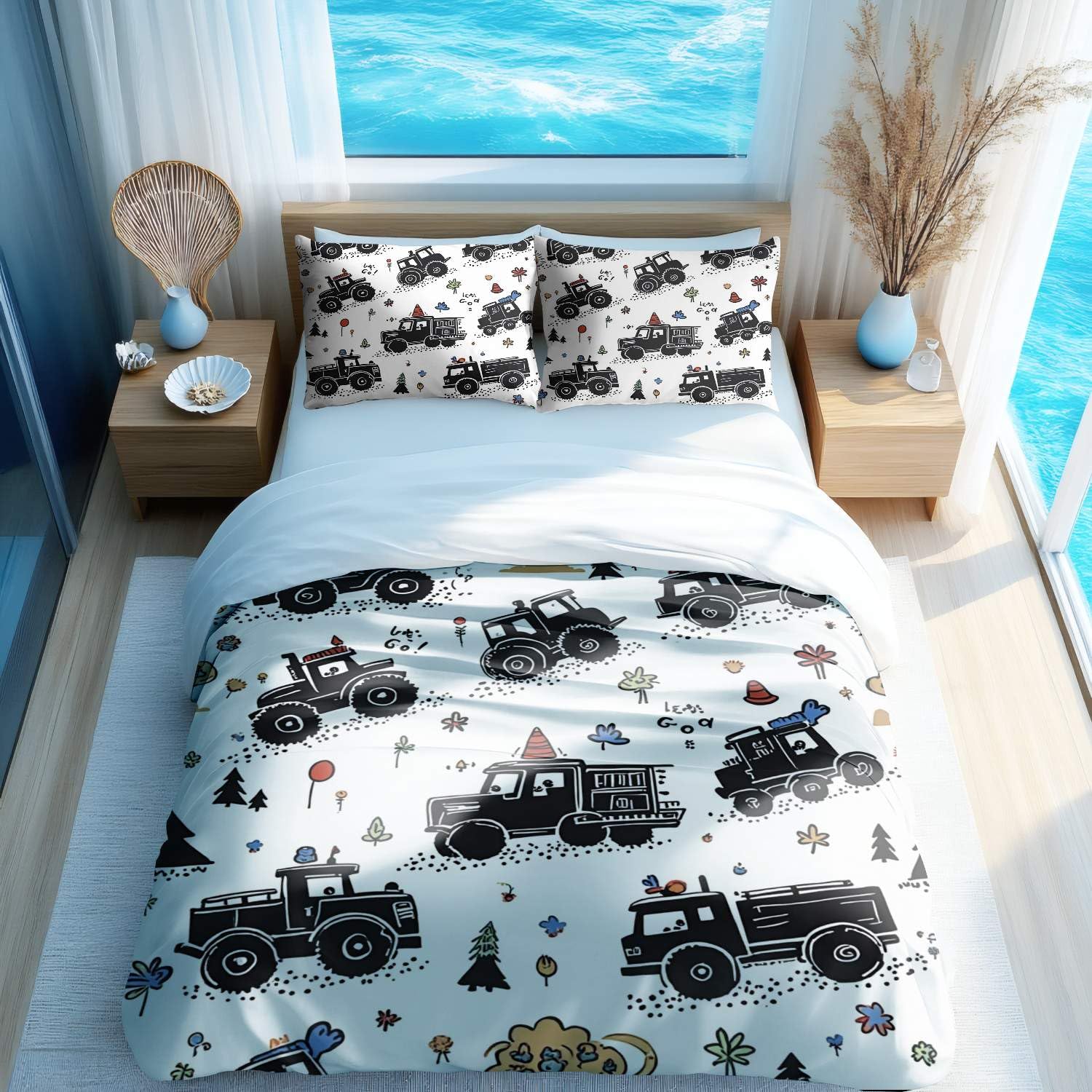 Parure de lit 3 pièces dessin animé avec housse de couette King Size et motif véhicules