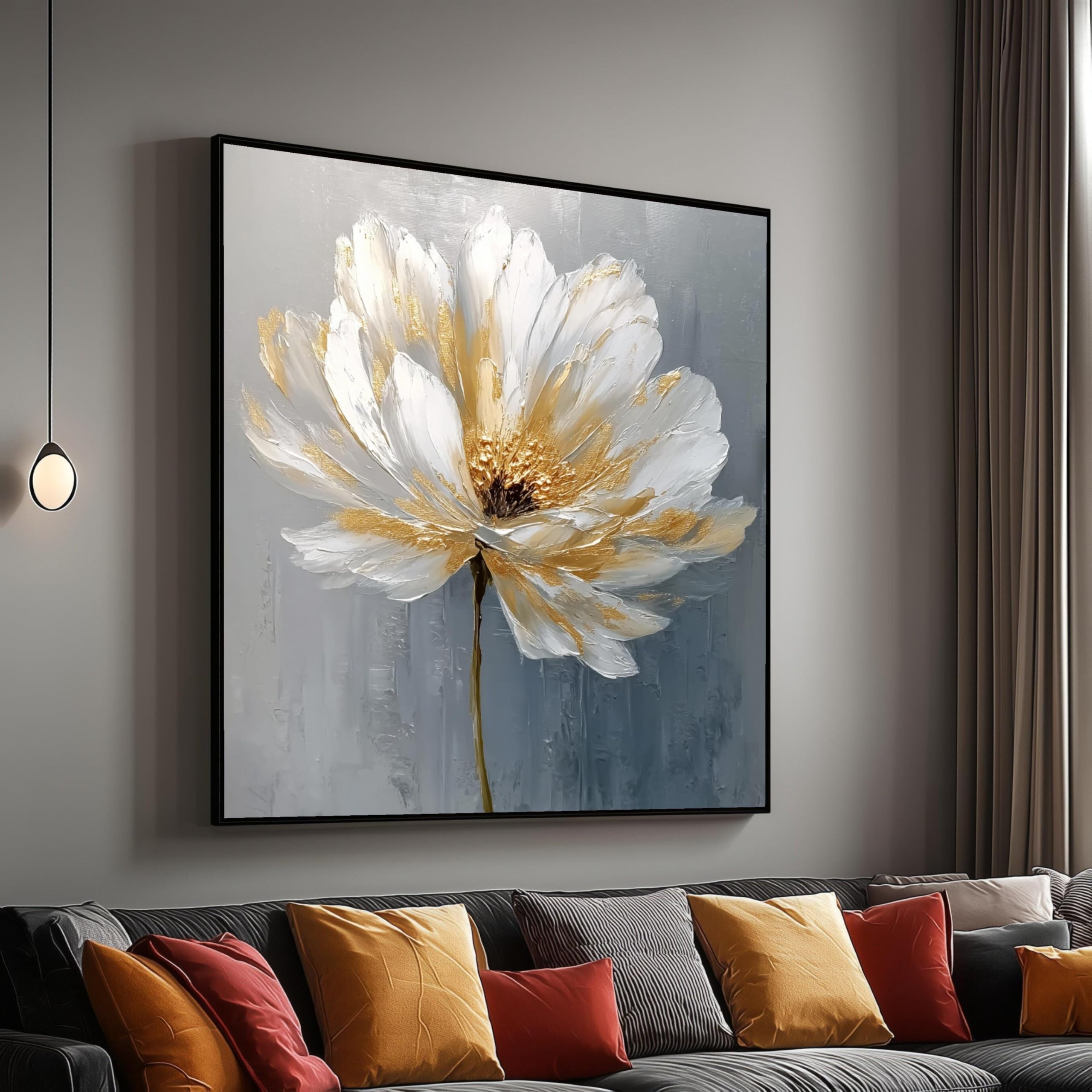 Toile florale blanche et dorée 60x60cm tableau moderne chic - 6