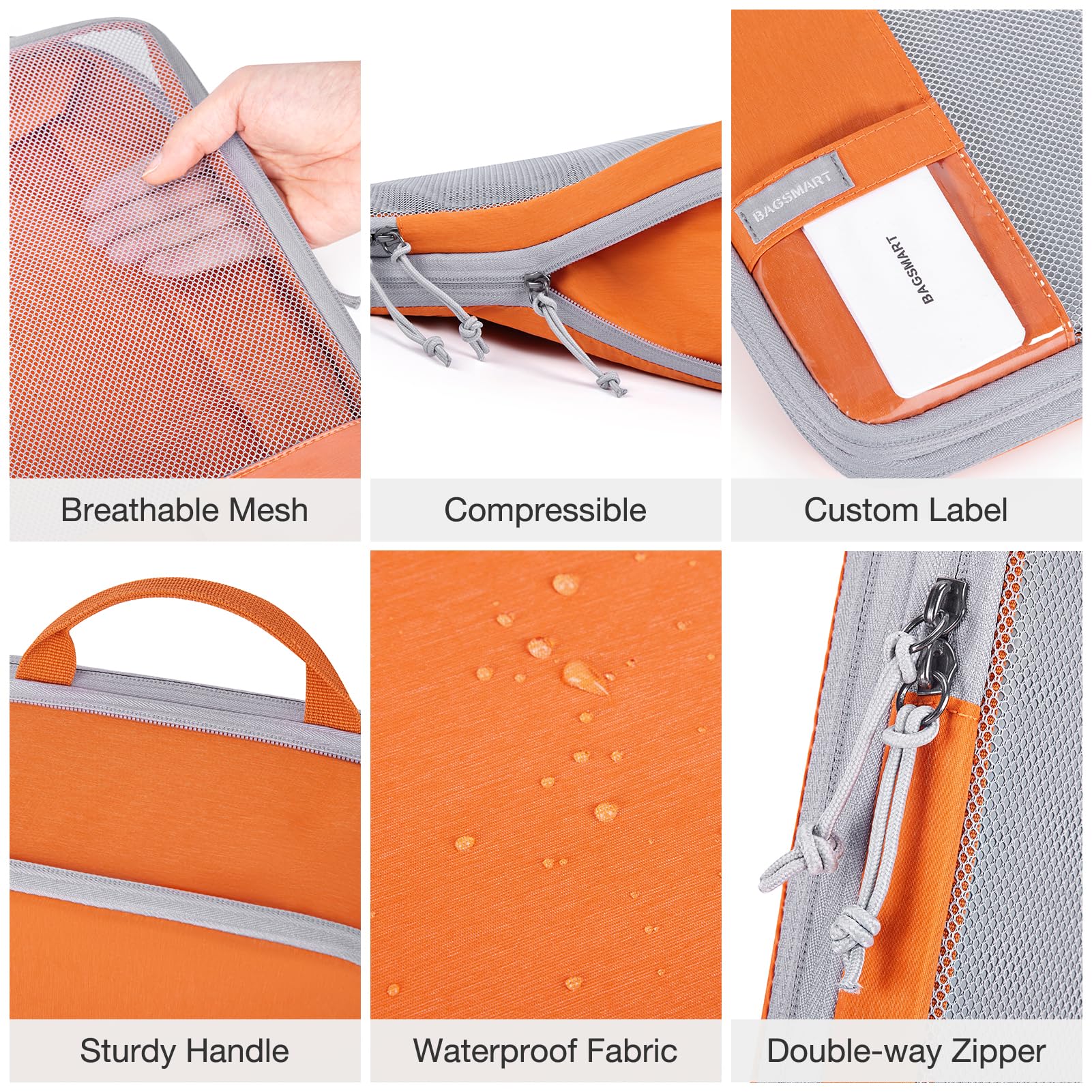 BAGSMART 6 Pièces Organisateur Valise,Sac Compression Voyage,Packing Cubes Réutilisable, Rangement Valise Accessoire,avec Sac à Linge Pratique pour Sac à Dos,Valise,Organiseur,Orange